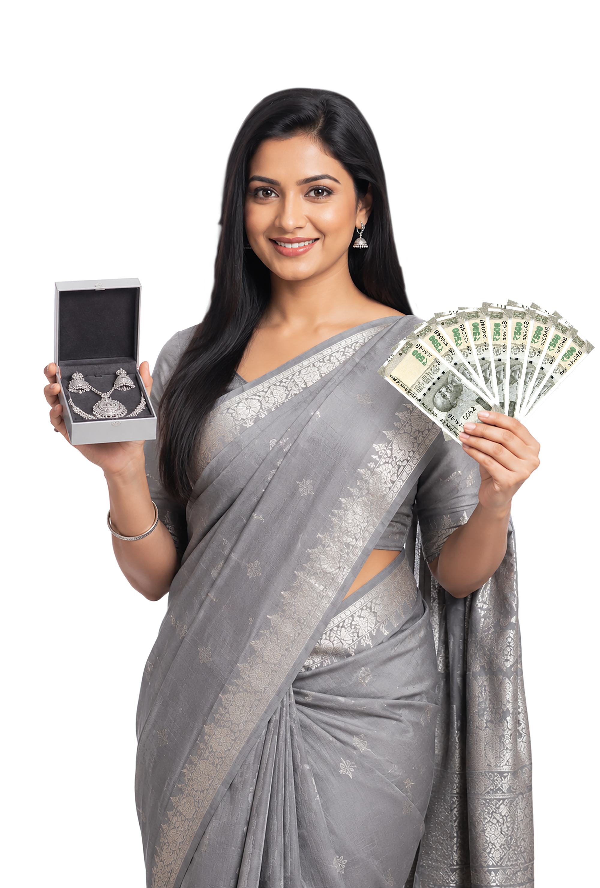 Woman with silver jewelry and cash